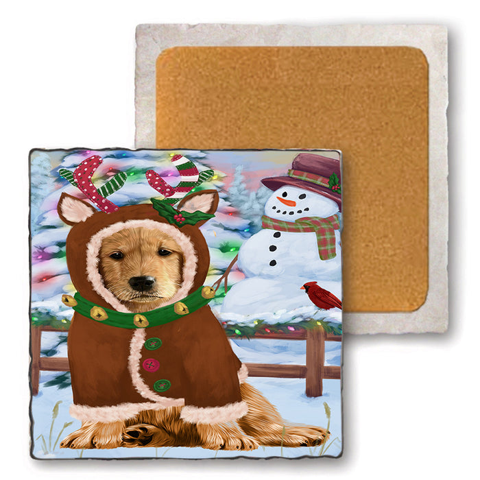 Christmas Gingerbread House Candyfest Golden Retriever Dog Set of 4 Natural Stone Marble Tile Coasters MCST51339