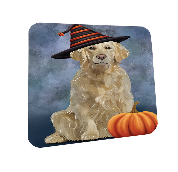 Happy Halloween Golden Retriever Dog Wearing Witch Hat with Pumpkin Coasters Set of 4 CST54915