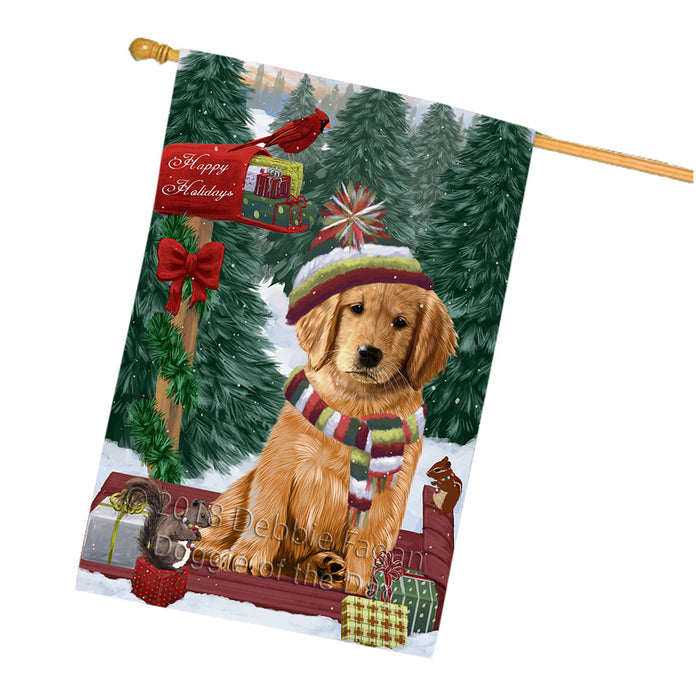 Merry Christmas Woodland Sled Golden Retriever Dog House Flag FLG55363