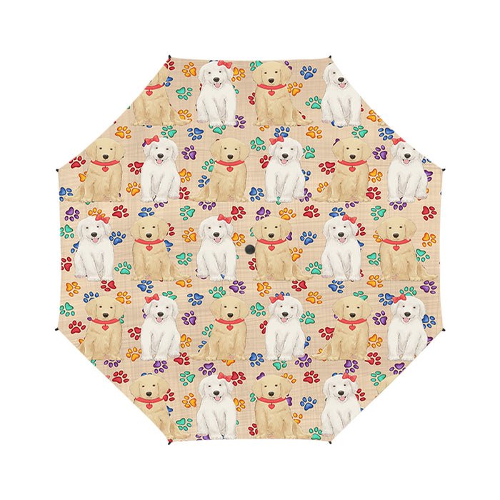 Rainbow Paw Print Golden Retriever Dogs Red Semi-Automatic Foldable Umbrella