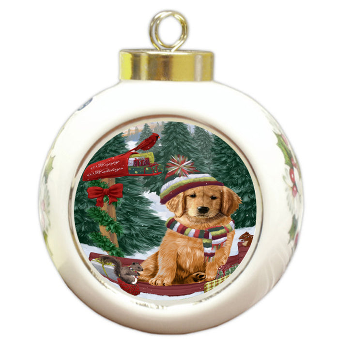 Merry Christmas Woodland Sled Golden Retriever Dog Round Ball Christmas Ornament RBPOR55290