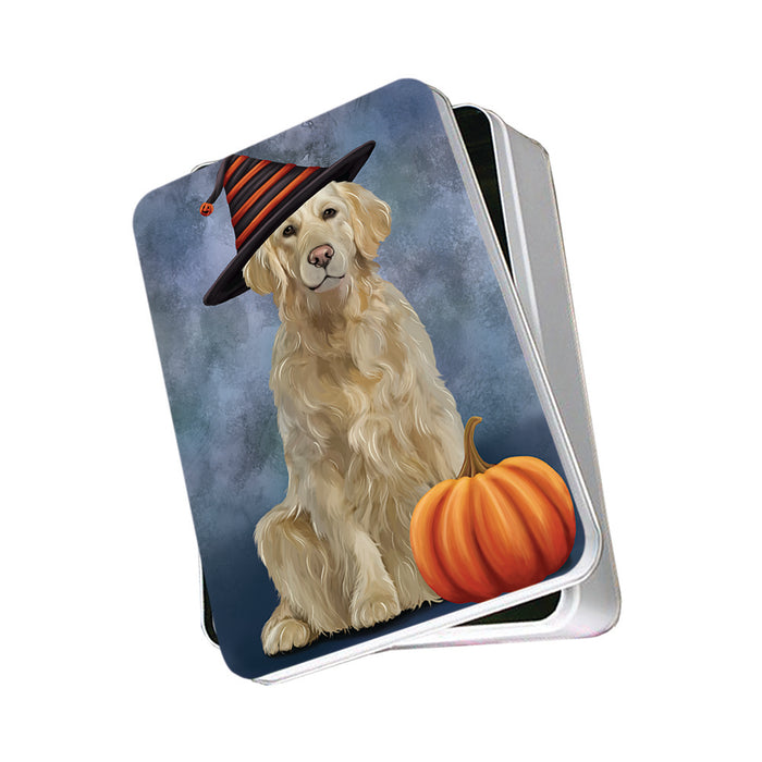 Happy Halloween Golden Retriever Dog Wearing Witch Hat with Pumpkin Photo Storage Tin PITN54900