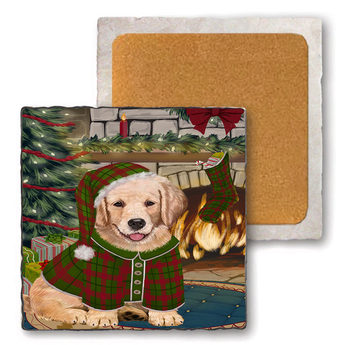 The Stocking was Hung Golden Retriever Dog Set of 4 Natural Stone Marble Tile Coasters MCST50313