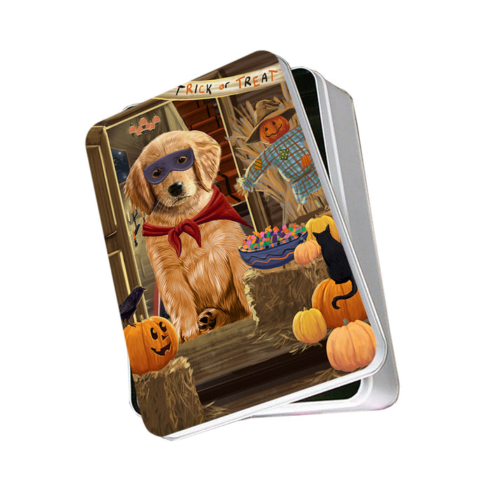 Enter at Own Risk Trick or Treat Halloween Golden Retriever Dog Photo Storage Tin PITN53130