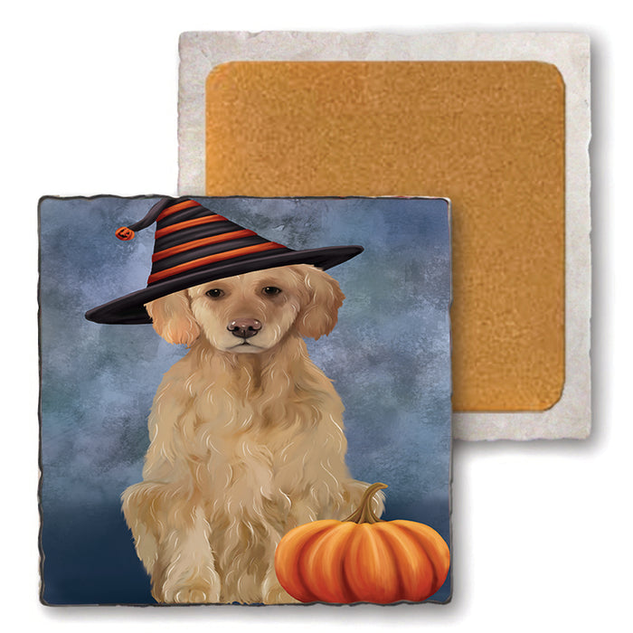 Happy Halloween Golden Retriever Dog Wearing Witch Hat with Pumpkin Set of 4 Natural Stone Marble Tile Coasters MCST49958