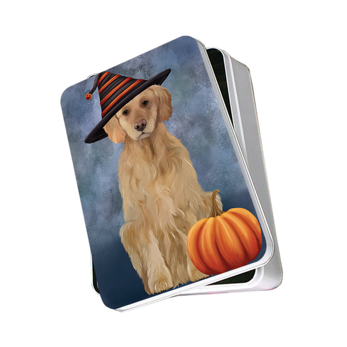 Happy Halloween Golden Retriever Dog Wearing Witch Hat with Pumpkin Photo Storage Tin PITN54901