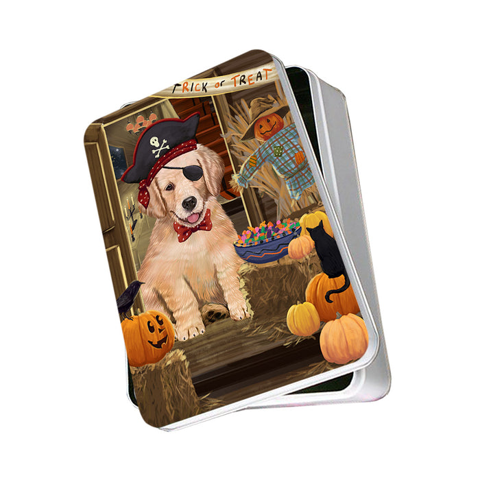 Enter at Own Risk Trick or Treat Halloween Golden Retriever Dog Photo Storage Tin PITN53131