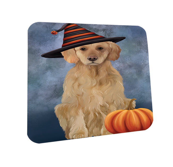 Happy Halloween Golden Retriever Dog Wearing Witch Hat with Pumpkin Coasters Set of 4 CST54916