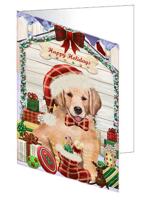 Happy Holidays Christmas Golden Retriever Dog House with Presents Handmade Artwork Assorted Pets Greeting Cards and Note Cards with Envelopes for All Occasions and Holiday Seasons GCD58295