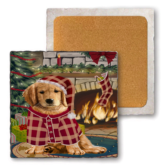 The Stocking was Hung Golden Retriever Dog Set of 4 Natural Stone Marble Tile Coasters MCST50314