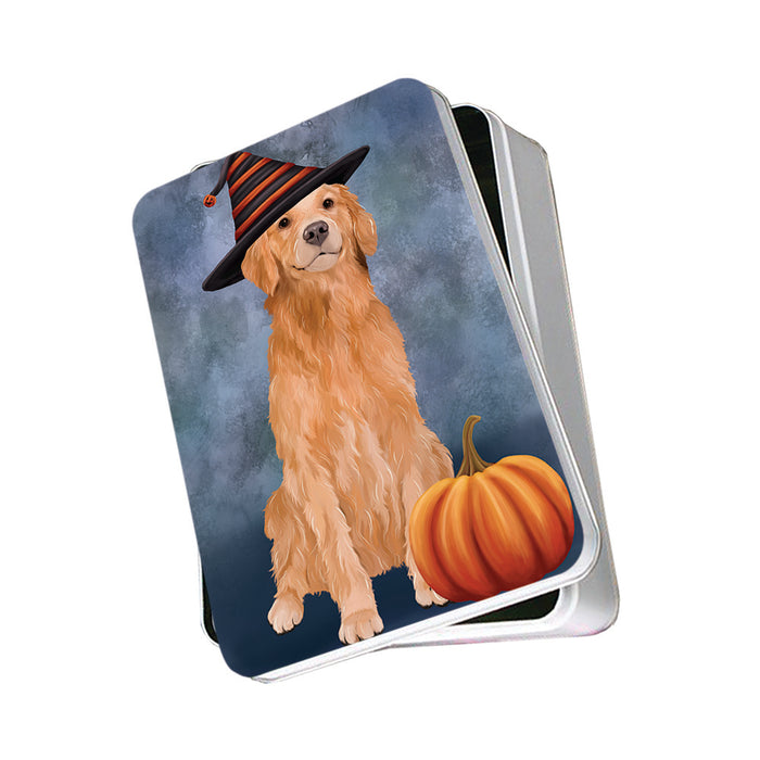 Happy Halloween Golden Retriever Dog Wearing Witch Hat with Pumpkin Photo Storage Tin PITN54902