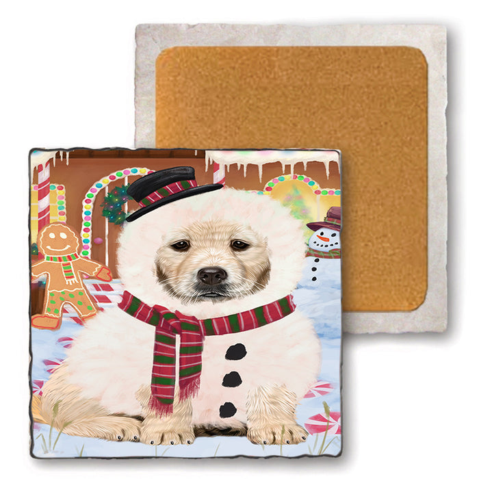 Christmas Gingerbread House Candyfest Golden Retriever Dog Set of 4 Natural Stone Marble Tile Coasters MCST51341