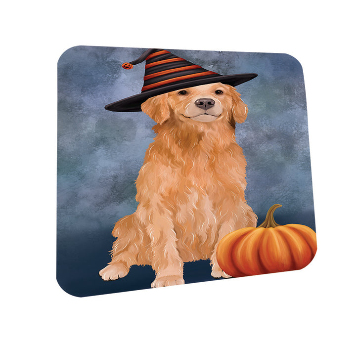 Happy Halloween Golden Retriever Dog Wearing Witch Hat with Pumpkin Coasters Set of 4 CST54917