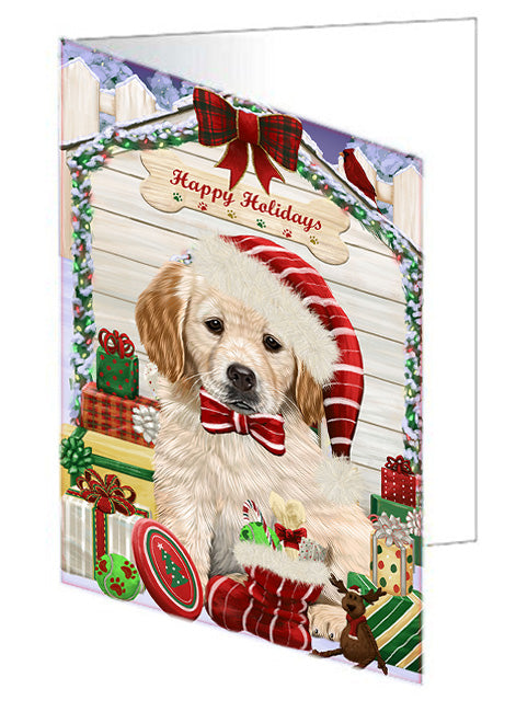 Happy Holidays Christmas Golden Retriever Dog House with Presents Handmade Artwork Assorted Pets Greeting Cards and Note Cards with Envelopes for All Occasions and Holiday Seasons GCD58298