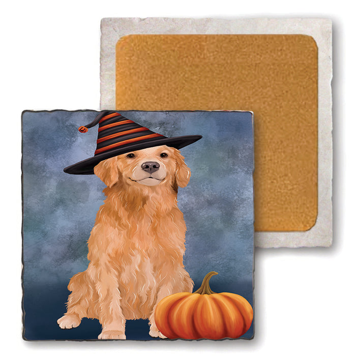 Happy Halloween Golden Retriever Dog Wearing Witch Hat with Pumpkin Set of 4 Natural Stone Marble Tile Coasters MCST49959