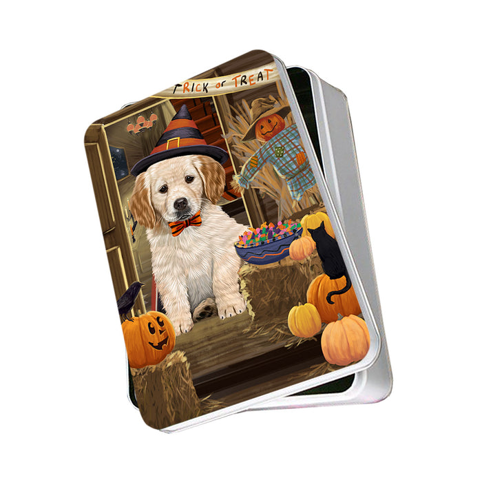 Enter at Own Risk Trick or Treat Halloween Golden Retriever Dog Photo Storage Tin PITN53133
