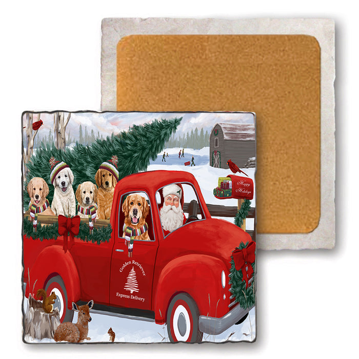 Christmas Santa Express Delivery Golden Retrievers Dog Family Set of 4 Natural Stone Marble Tile Coasters MCST50037