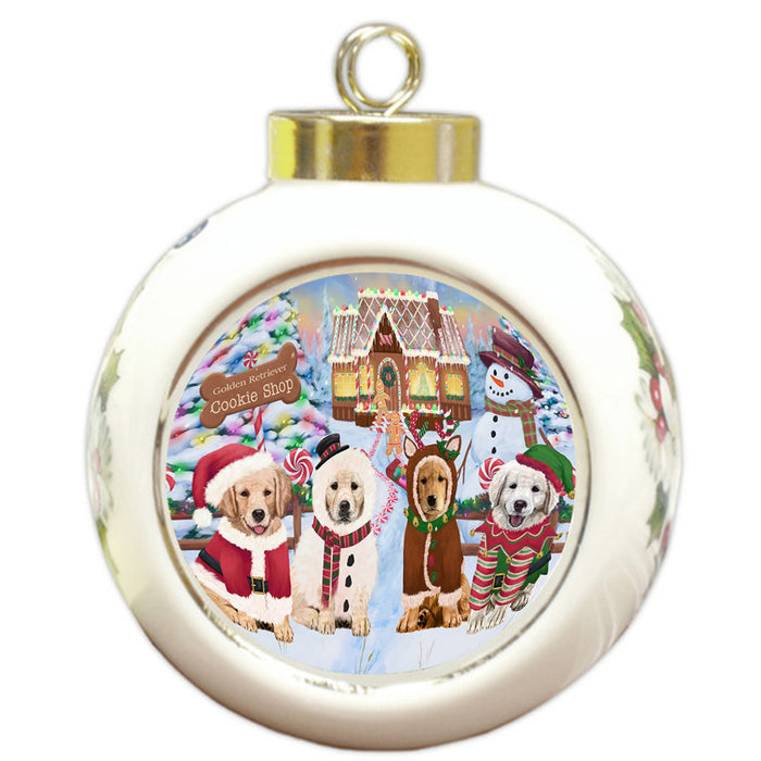 Holiday Gingerbread Cookie Shop Golden Retrievers Dog Round Ball Christmas Ornament RBPOR56757