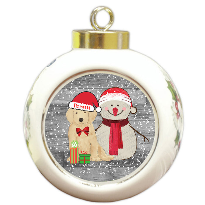 Custom Personalized Snowy Snowman and Golden Retriever Dog Christmas Round Ball Ornament