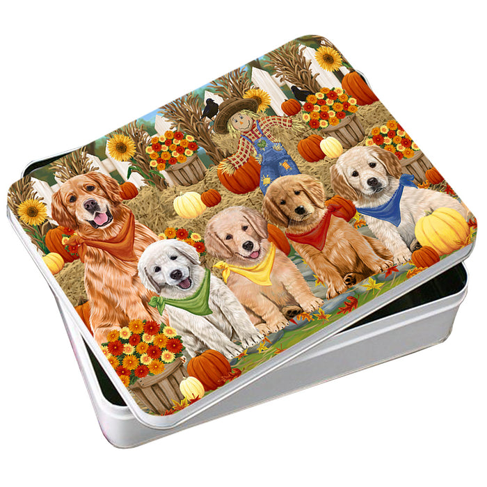 Fall Festive Gathering Golden Retrievers Dog with Pumpkins Photo Storage Tin PITN50645