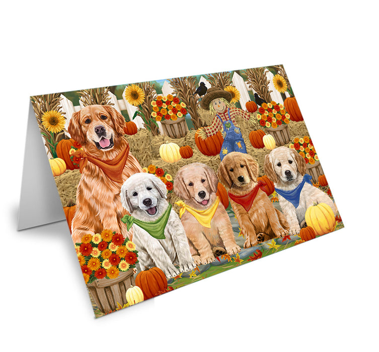 Fall Festive Gathering Golden Retrievers Dog with Pumpkins Handmade Artwork Assorted Pets Greeting Cards and Note Cards with Envelopes for All Occasions and Holiday Seasons GCD55964