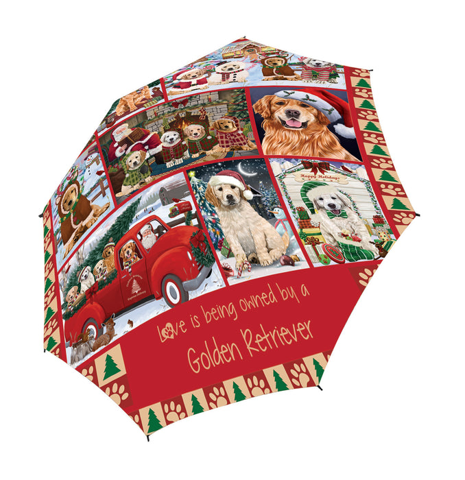 Love is Being Owned Christmas Golden Retriever Dogs Semi-Automatic Foldable Umbrella