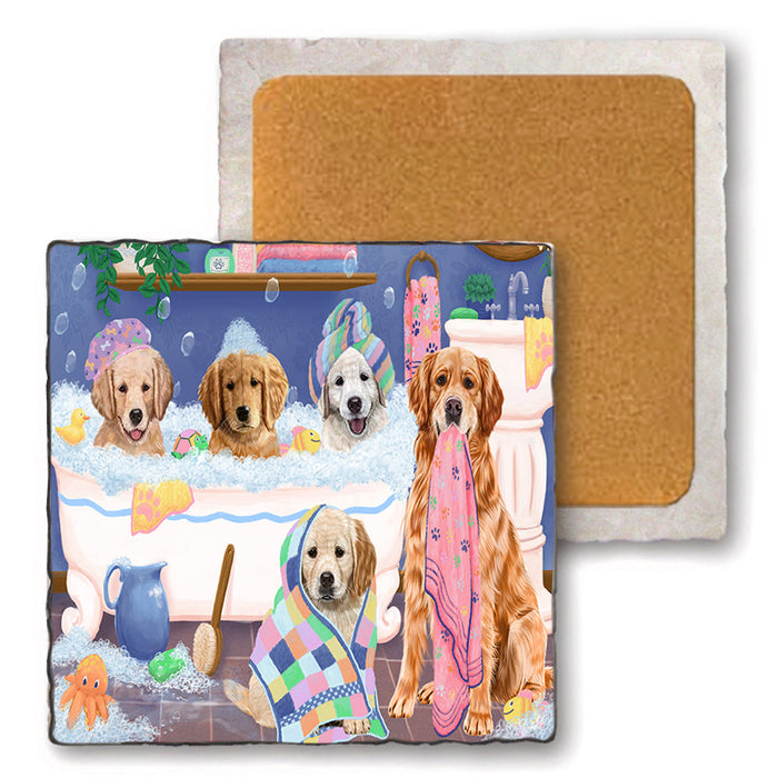 Rub A Dub Dogs In A Tub Golden Retrievers Dog Set of 4 Natural Stone Marble Tile Coasters MCST51790