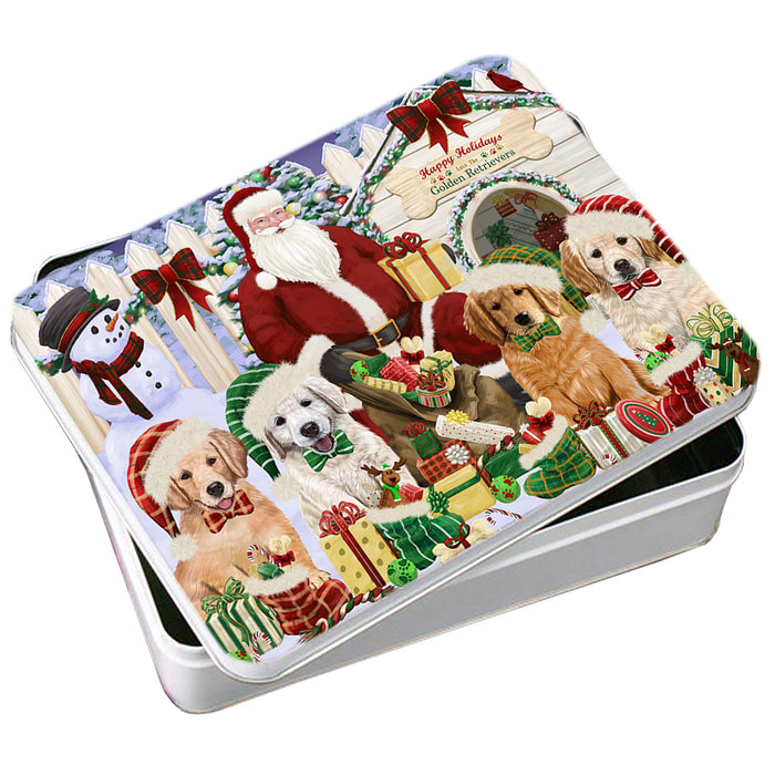 Happy Holidays Christmas Golden Retrievers Dog House Gathering Photo Storage Tin PITN51453