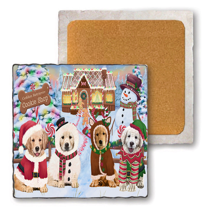 Holiday Gingerbread Cookie Shop Golden Retrievers Dog Set of 4 Natural Stone Marble Tile Coasters MCST51401