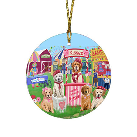 Carnival Kissing Booth Golden Retrievers Dog Round Flat Christmas Ornament RFPOR56191