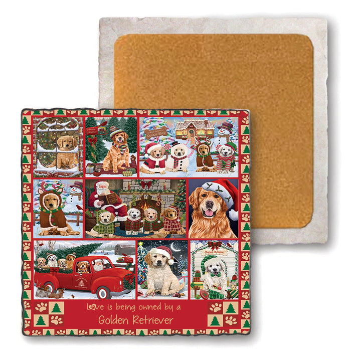 Love is Being Owned Christmas Golden Retriever Dogs Set of 4 Natural Stone Marble Tile Coasters MCST52226