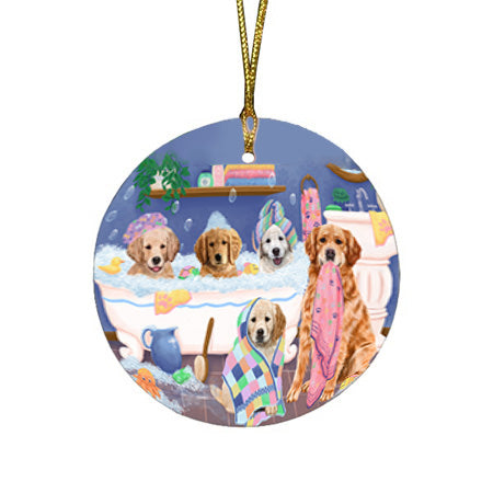 Rub A Dub Dogs In A Tub Golden Retrievers Dog Round Flat Christmas Ornament RFPOR57146