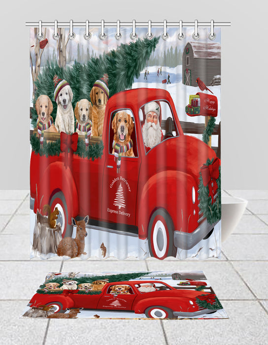 Christmas Santa Express Delivery Red Truck Golden Retriever Dogs Bath Mat and Shower Curtain Combo