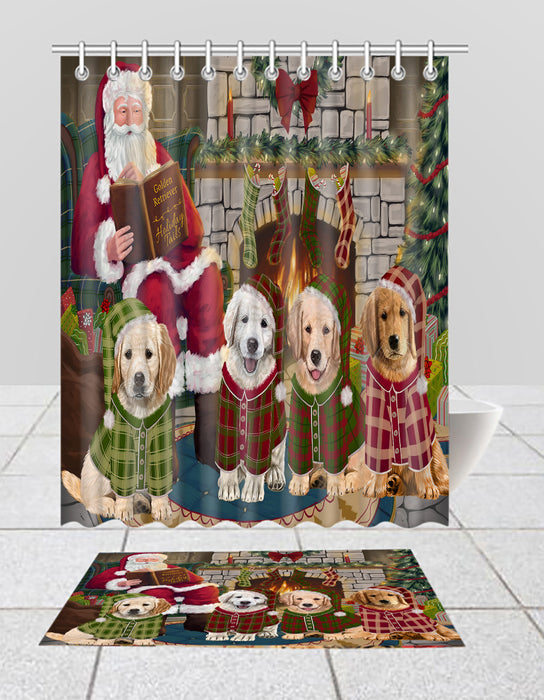 Christmas Cozy Holiday Fire Tails Golden Retriever Dogs Bath Mat and Shower Curtain Combo
