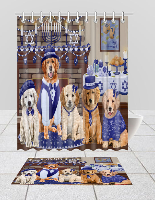 Happy Hanukkah Family Golden Retriever Dogs Bath Mat and Shower Curtain Combo