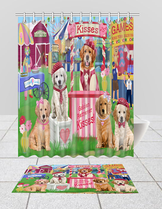 Carnival Kissing Booth Golden Retriever Dogs  Bath Mat and Shower Curtain Combo