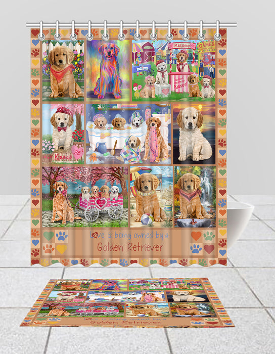 Love is Being Owned Golden Retriever Dog Beige Bath Mat and Shower Curtain Combo