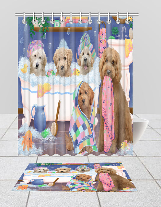 Rub A Dub Dogs In A Tub Goldendoodle Dogs Bath Mat and Shower Curtain Combo