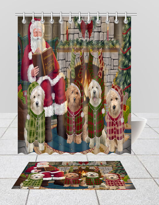 Christmas Cozy Holiday Fire Tails Goldendoodle Dogs Bath Mat and Shower Curtain Combo