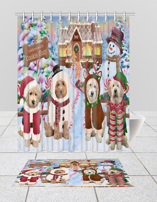 Holiday Gingerbread Cookie Goldendoodle Dogs  Bath Mat and Shower Curtain Combo