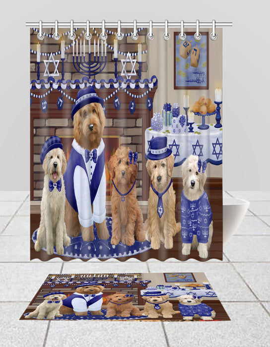 Happy Hanukkah Family Goldendoodle Dogs Bath Mat and Shower Curtain Combo