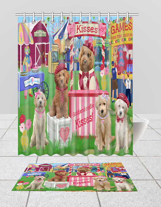 Carnival Kissing Booth Goldendoodle Dogs  Bath Mat and Shower Curtain Combo
