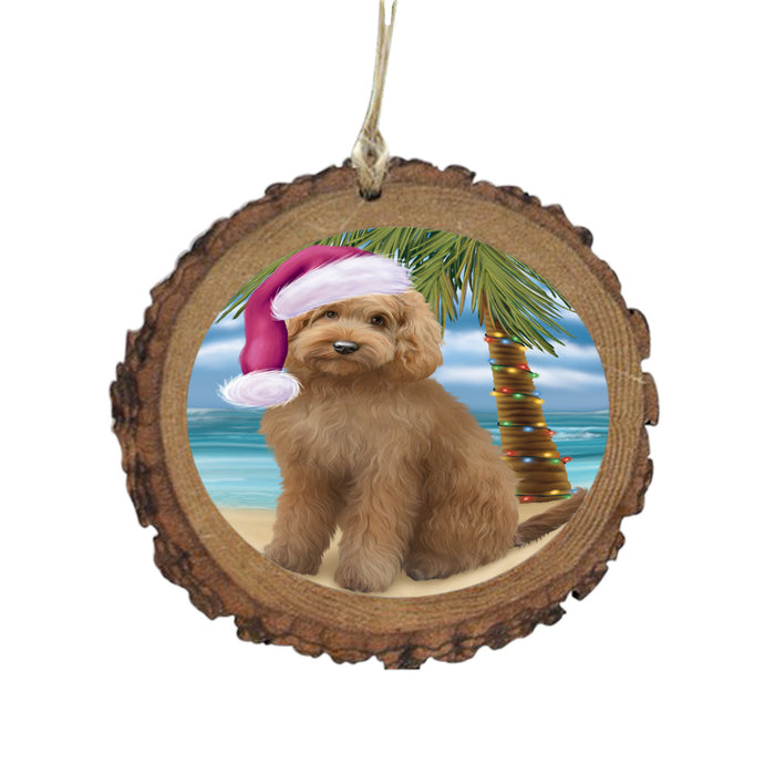 Summertime Happy Holidays Christmas Goldendoodle Dog on Tropical Island Beach Wooden Christmas Ornament WOR49369