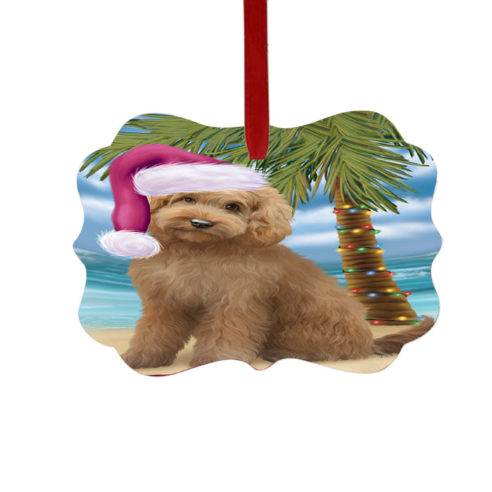 Summertime Happy Holidays Christmas Goldendoodle Dog on Tropical Island Beach Double-Sided Photo Benelux Christmas Ornament LOR49369