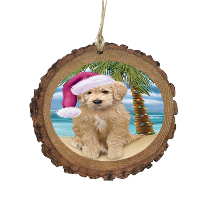 Summertime Happy Holidays Christmas Goldendoodle Dog on Tropical Island Beach Wooden Christmas Ornament WOR49370