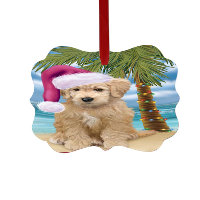 Summertime Happy Holidays Christmas Goldendoodle Dog on Tropical Island Beach Double-Sided Photo Benelux Christmas Ornament LOR49370