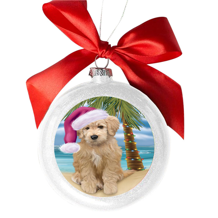 Summertime Happy Holidays Christmas Goldendoodle Dog on Tropical Island Beach White Round Ball Christmas Ornament WBSOR49370