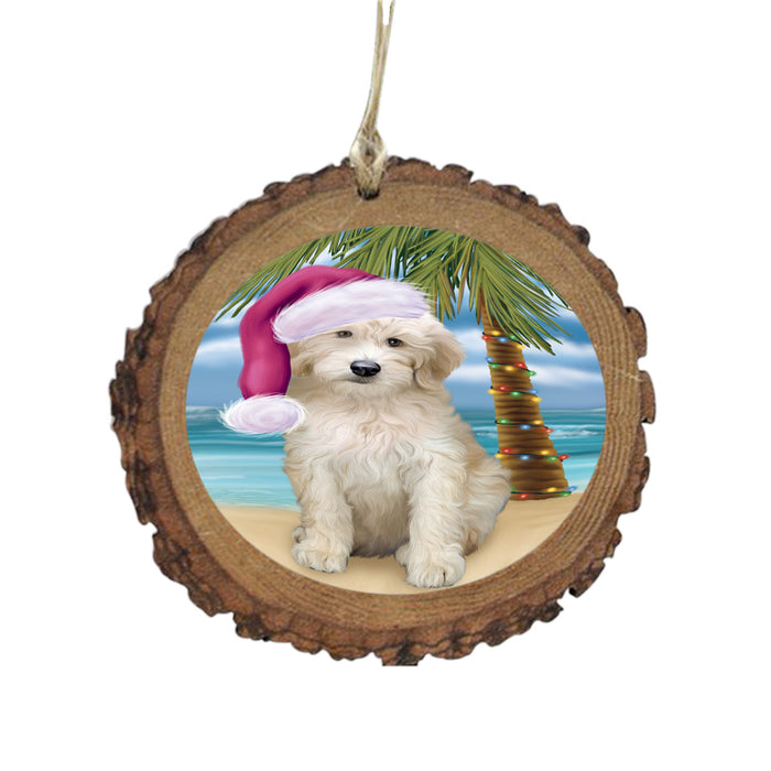Summertime Happy Holidays Christmas Goldendoodle Dog on Tropical Island Beach Wooden Christmas Ornament WOR49371