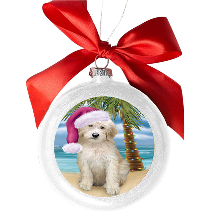 Summertime Happy Holidays Christmas Goldendoodle Dog on Tropical Island Beach White Round Ball Christmas Ornament WBSOR49371