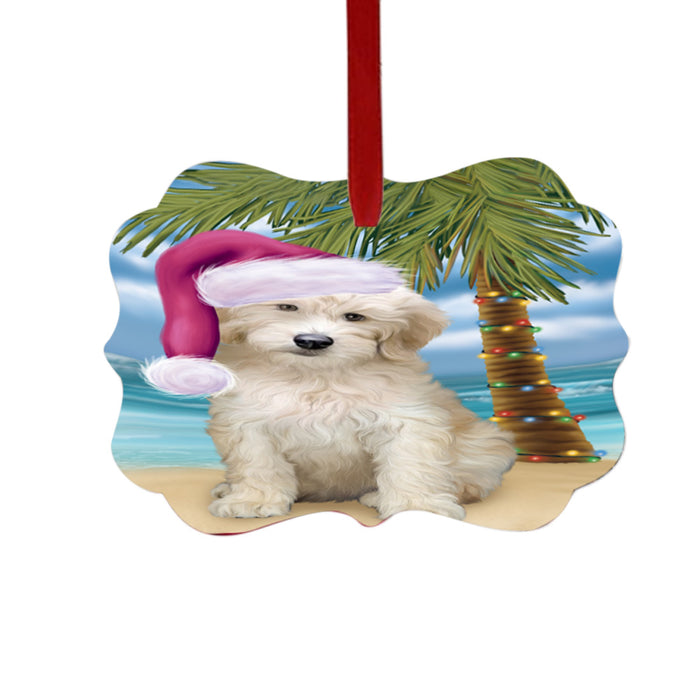 Summertime Happy Holidays Christmas Goldendoodle Dog on Tropical Island Beach Double-Sided Photo Benelux Christmas Ornament LOR49371